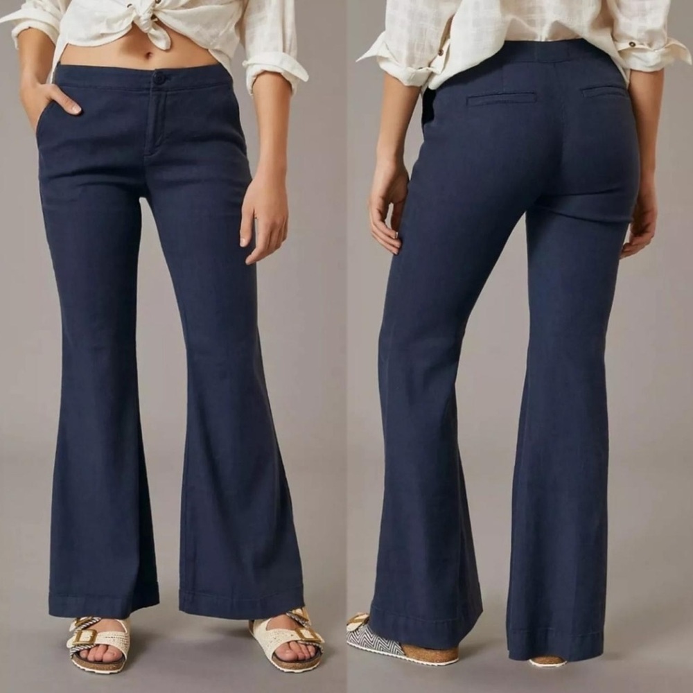 Anthropologie Pants Navy Blue Linen Mid - Rise Flare  Size:8